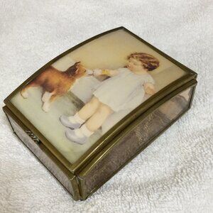 Vintage Via Vermont Brass, Stained Glass Trinket Box Hinged Cover Made Mexico